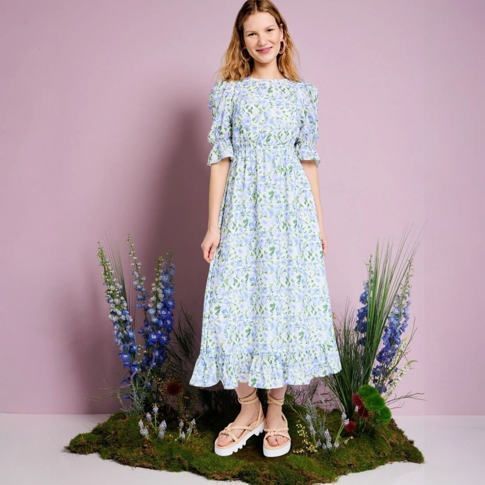 Sister Jane Midi‎ Dress size L Forget Me Not Open Back Bow Cottagecore Feminine